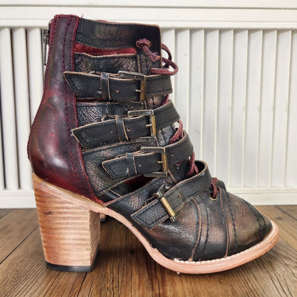 Freebird Braeden Heeled Sandal Booties Womens Sz 9 Black Red Buckle Strap Shoes